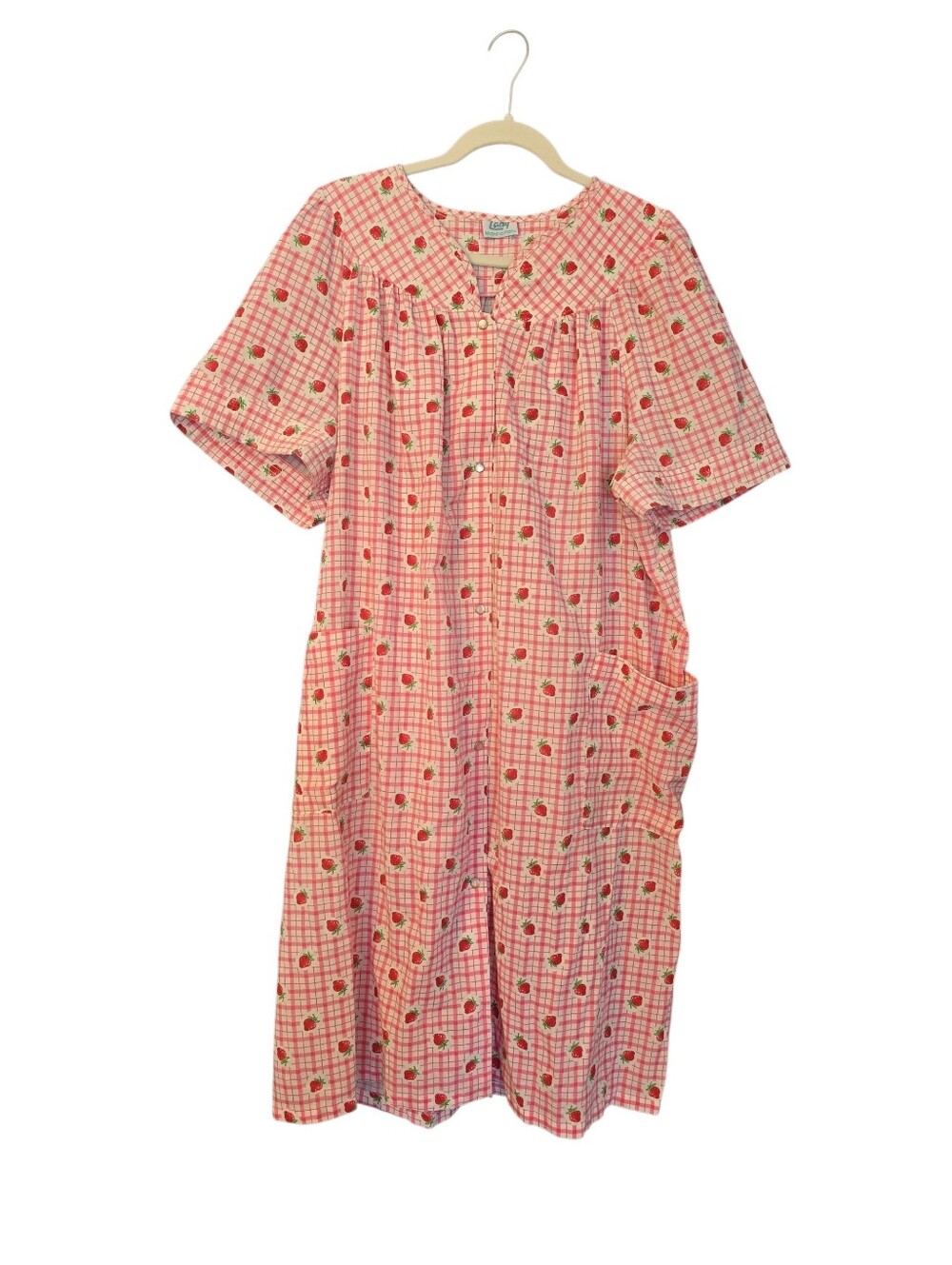VTG Lady Manhattan House Dress Nightgown Pearl Snap Checkered Strawberries XL